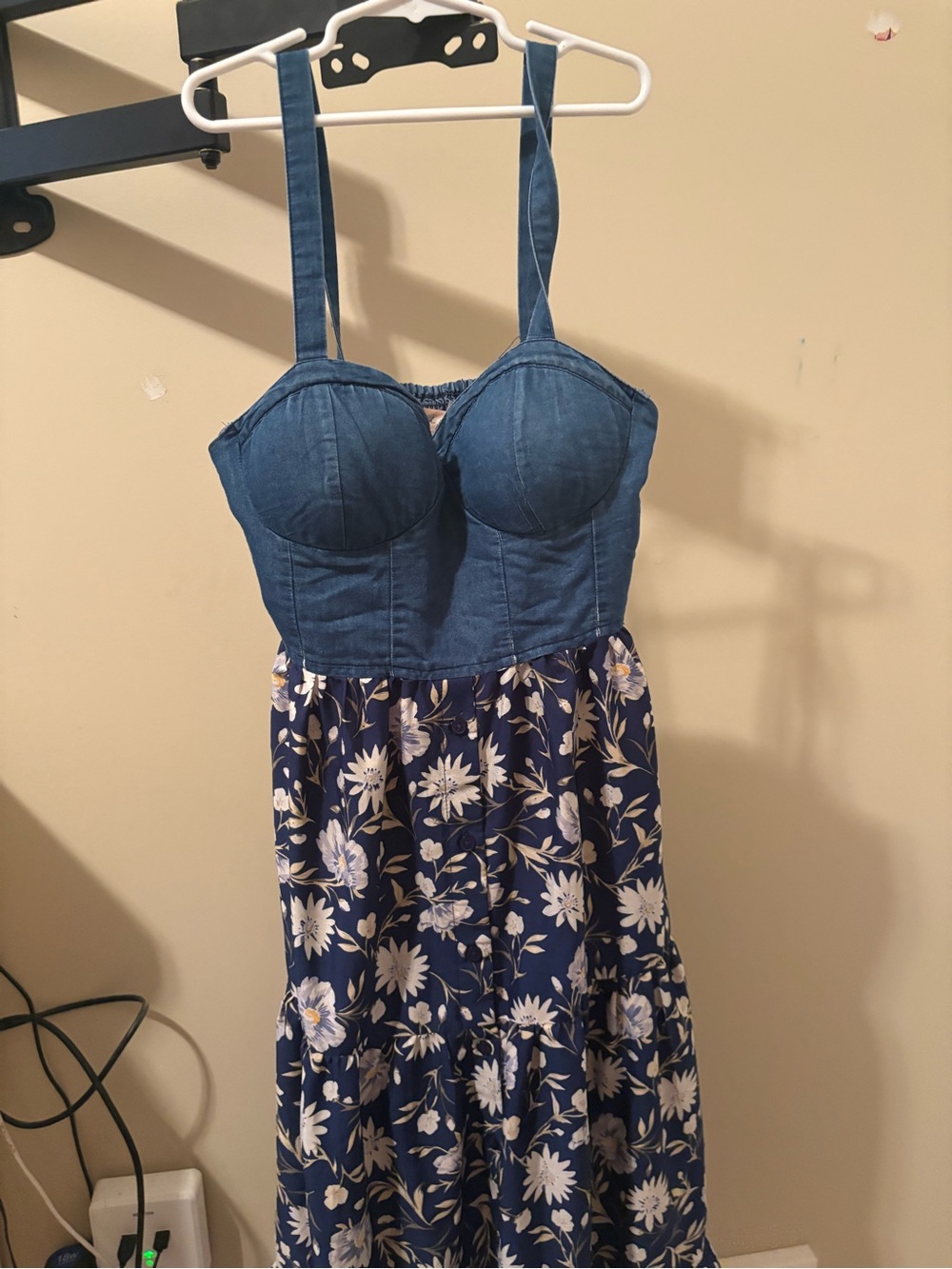 Denim Bustier Floral Maxi Dress in Blue